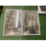 A PAIR OF CHARCOAL PICTURES OF A WOODED STREAM AND A TREE LINED LANE, FRAMED