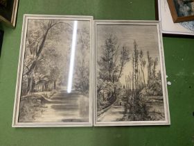 A PAIR OF CHARCOAL PICTURES OF A WOODED STREAM AND A TREE LINED LANE, FRAMED