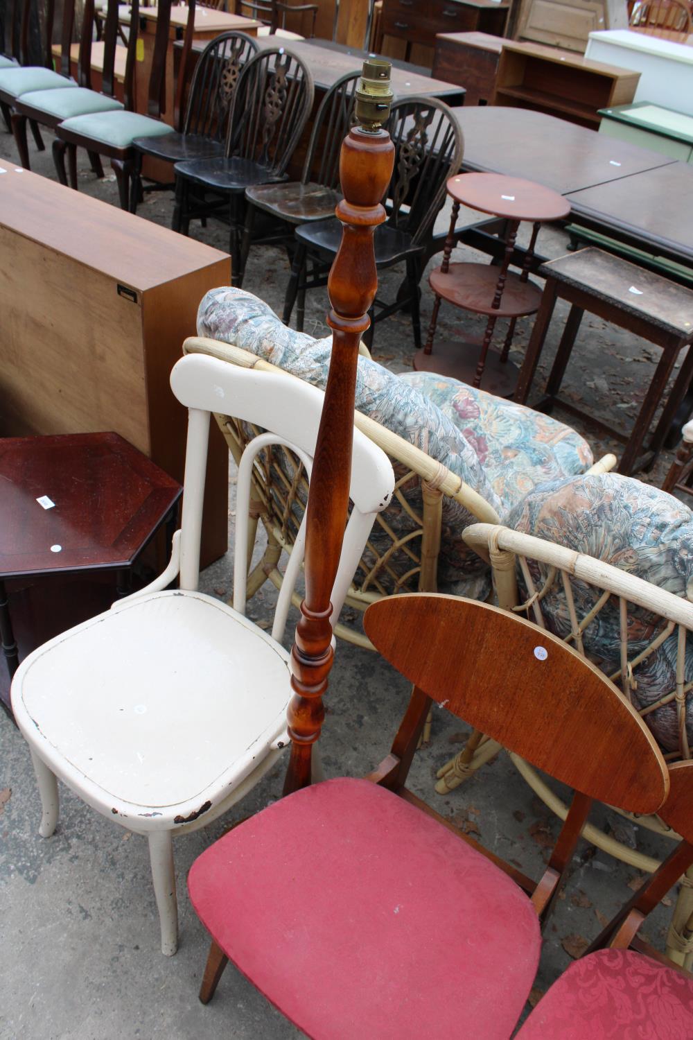 A PAIR OF RETRO TEAK DINING CHAIRS, PAINTED BENTWOOD BEDROOM CHAIR AND A TURNED COLUMN STANDARD LAMP - Image 2 of 4