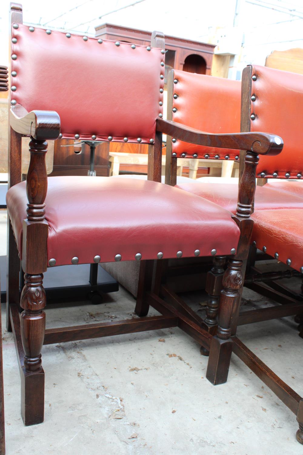 SIX OAK JACOBEAN STYLE DINING CHAIRS, TWO BEING CARVERS - Image 3 of 4