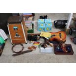 AN ASSORTMENT OF MUSICAL ITEMS TO INCLUDE AN ACOUSTIC GUITAR, A STOOL AND FURTHER INSTRUMENTS ETC