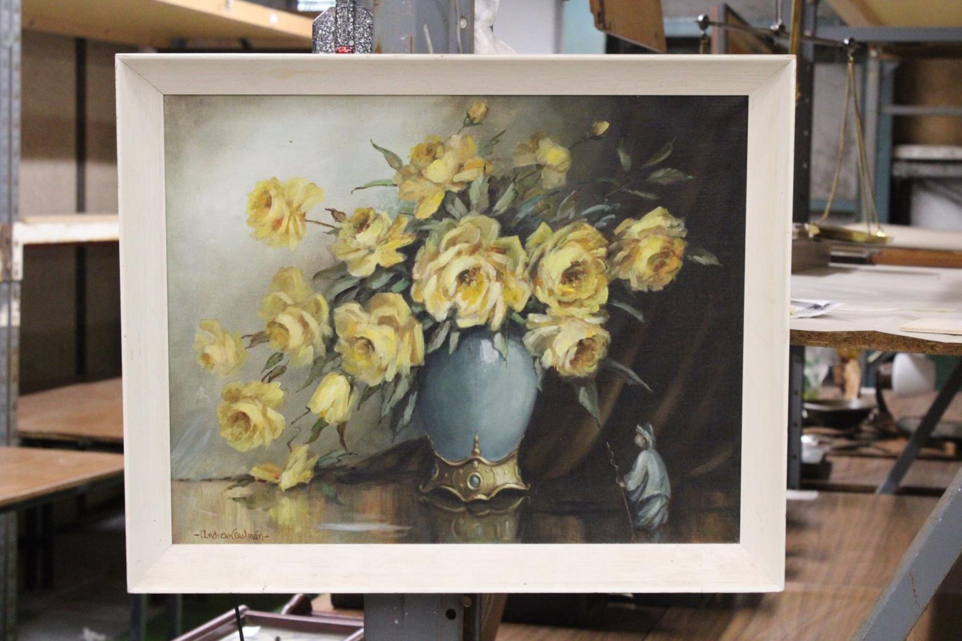 A STILL LIFE OIL ON CANVAS OF FLOWERS IN A VASE, SIGNED ANDREW COULMAN