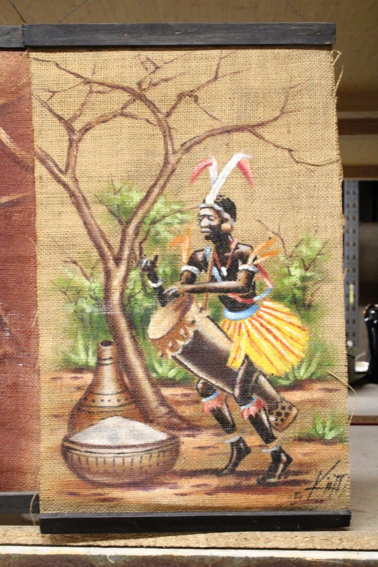 THREE AFRICAN HAND PAINTED ETHNIC ART ON SACK CLOTH, 36CM X 57CM - Image 3 of 4