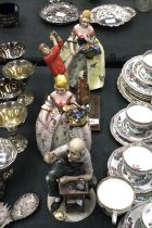 FOUR LARGE FIGURES TO INCLUDE TWO LADIES, A CAPODIMONTE STYLE CLOCKMAKER AND A GOLFER