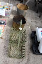 TWO WIRE BASKETS, A BRASS COAL BUCKET AND A GALVANISED BUCKET ETC