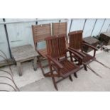 TWO PAIRS OF TEAK FOLDING CHAIRS AND A WOODEN SLATTED TABLE