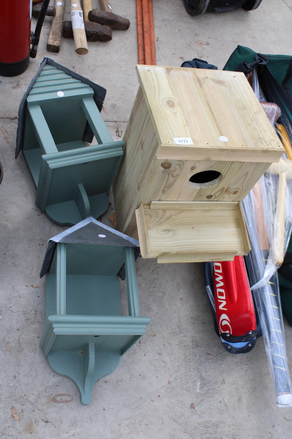 THREE VARIOUS WOODEN BIRD BOXES AND BIRD TABLES
