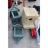 THREE VARIOUS WOODEN BIRD BOXES AND BIRD TABLES