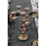 A QUANTITY OF SILVER PLATE TO INCLUDE TWO CANDLEABRAS AND A'WEE WILLIE WINKIE' CANDLESTICK WITH