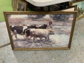 A VINTAGE PRINT OF A BOY AND CATTLE IN A RIVER, 92CM X 58CM