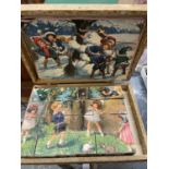 A VINTAGE YOUNG CHILD'S WOODEN BLOCK PUZZLE WITH VARIOUS PICTURES