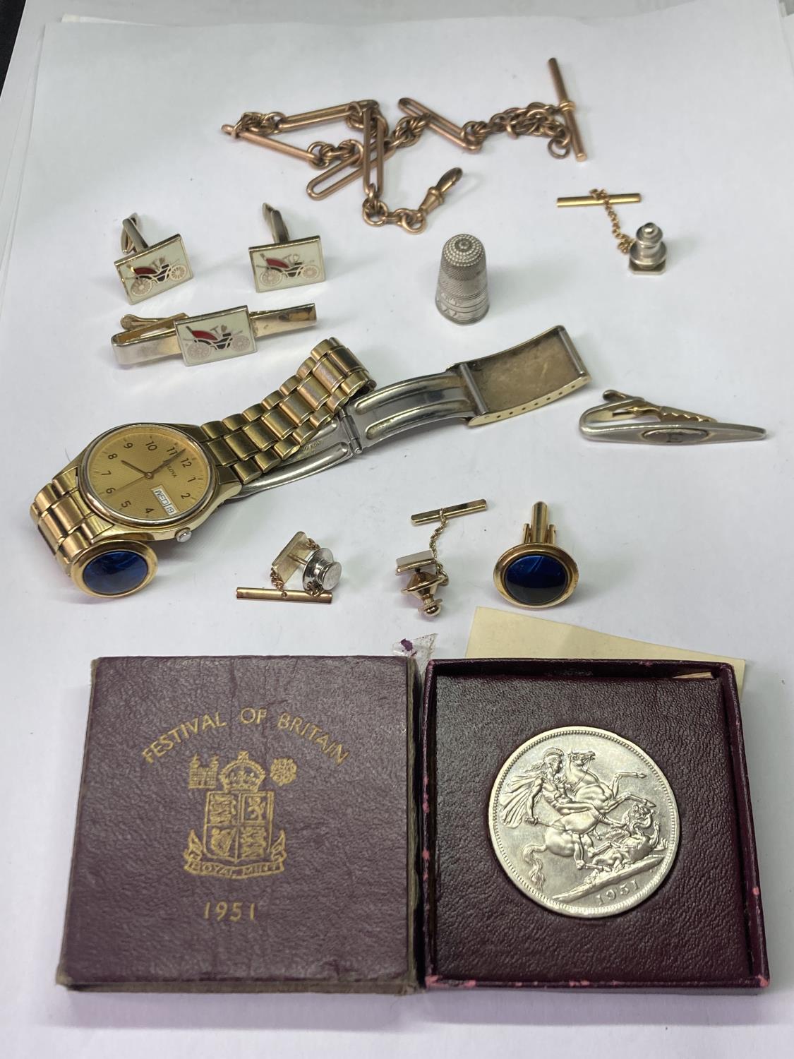 VARIOUS ITEMS TO INCLUDE AN 18 CARAT GOLD PLATED CHAIN, CUFFLINKS, TIE PINS, BOXED FESTIVAL OF