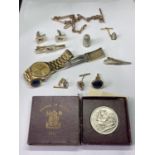 VARIOUS ITEMS TO INCLUDE AN 18 CARAT GOLD PLATED CHAIN, CUFFLINKS, TIE PINS, BOXED FESTIVAL OF