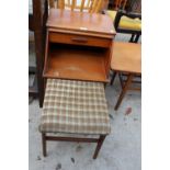A RETRO TEAK CHIPPY STYLE TELEPHONE TABLE WITH PULL-OUT SEAT, SINGLE DRAWER AND SLIDE