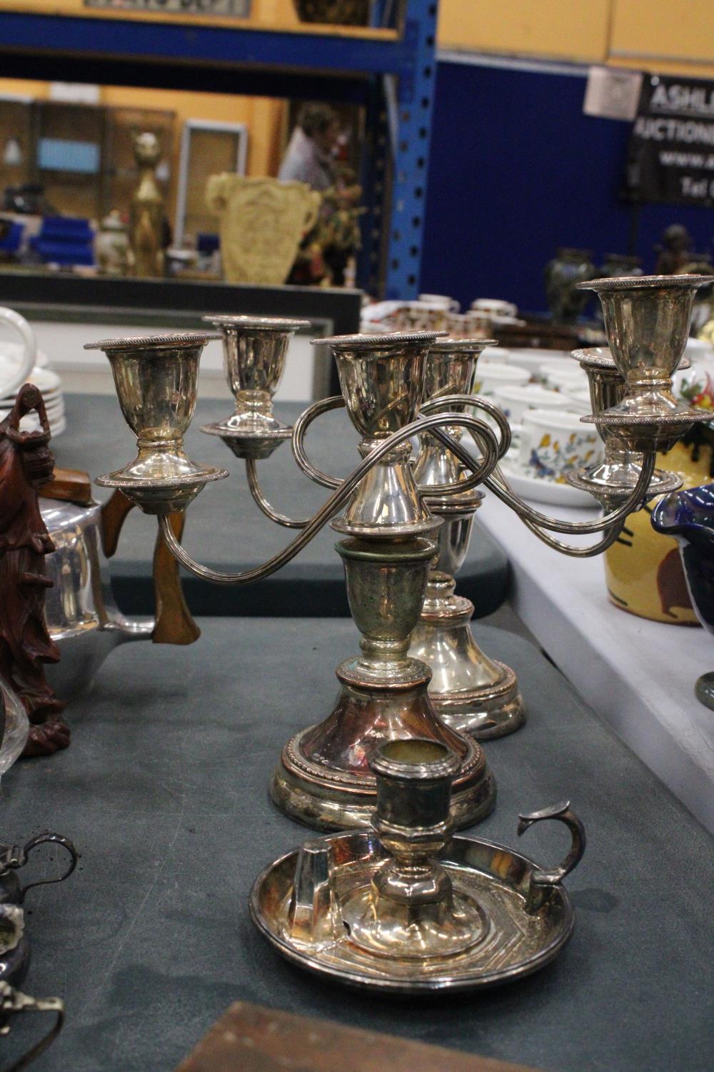 A QUANTITY OF SILVER PLATE TO INCLUDE TWO CANDLEABRAS AND A'WEE WILLIE WINKIE' CANDLESTICK WITH - Image 4 of 5