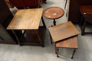 AN OAK TWO TIER LAMP TABLE, TRIPOD WINE TABLE AND NEST OF TWO TABLES