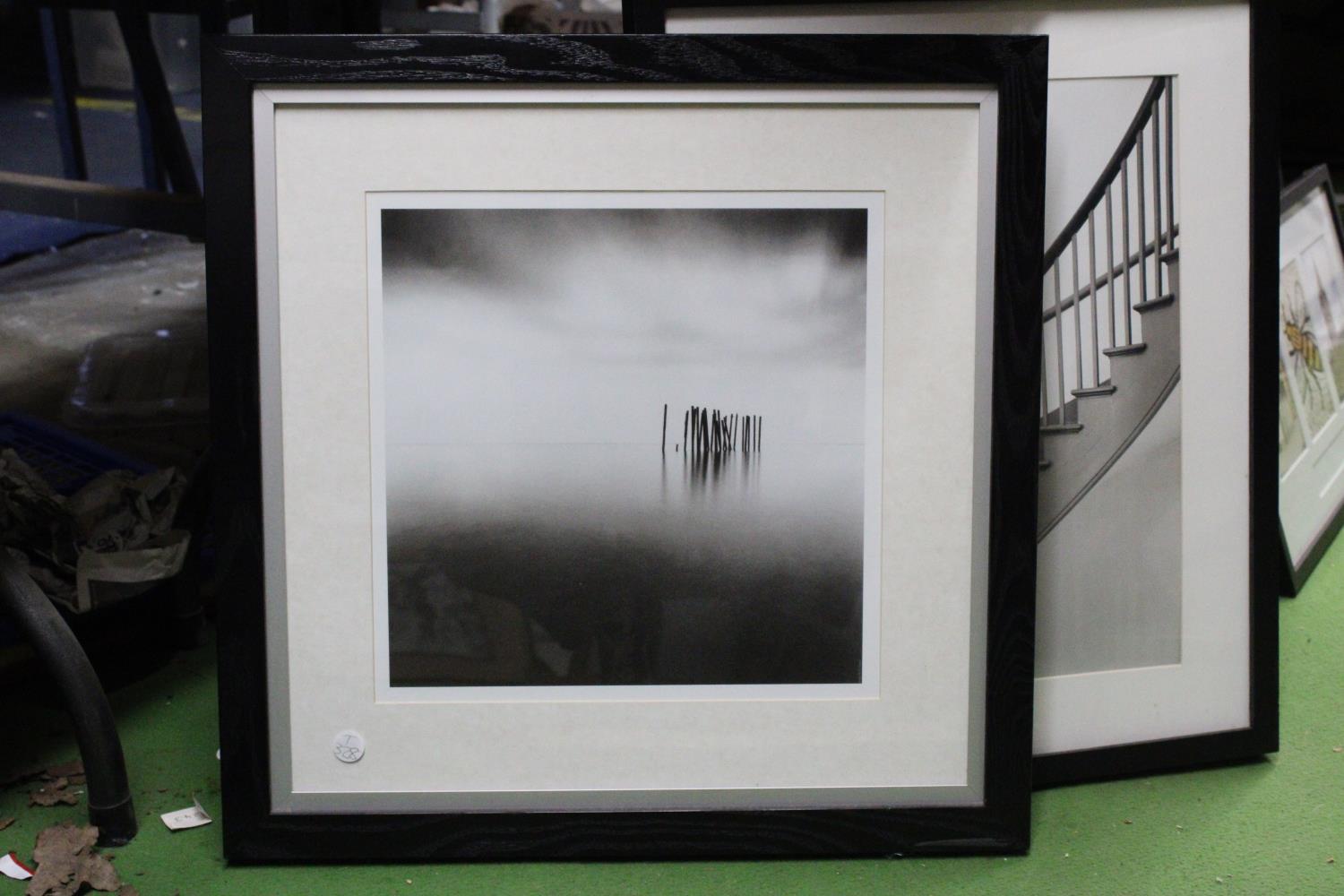 THREE MODERN MONOCHROME FRAMED PRINTS TO INCLUDE TWO SEASCAPE SCENCE PLUS STAIRCASE - Image 3 of 5