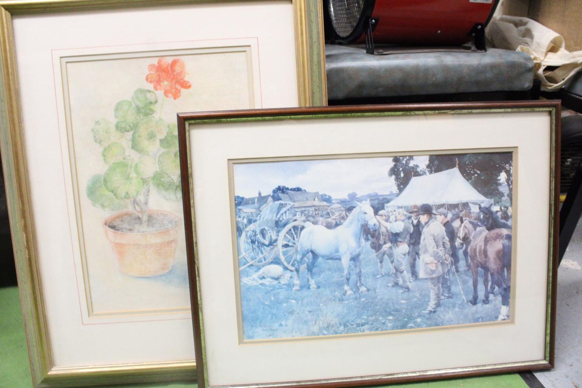 A MIXED MEDIA PICTURE OF A PLANT IN A POT, PLUS A PRINT OF A HORSE FAIR