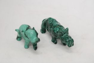 A MALACHITE PRECIOUS STONE CARVING OF A RHINO AND AN ELEPHANT