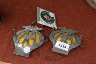 TWO VINTAGE CAR BADGES AND A CARAVAN CLUB BADGE