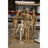 FIVE WOODEN, ARTICULATED, ARTISTS MANNEQUINS