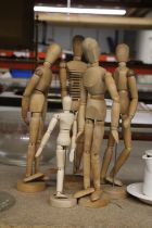 FIVE WOODEN, ARTICULATED, ARTISTS MANNEQUINS