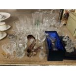 A QUANTITY OF GLASSWARE TO INCLUDE SHERRY AND PORT GLASSES, TUMBLERS, PRESERVE POT, JUGS, SWANS, ETC