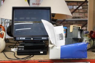 A EYECOM MICROFICHE READER, DESKTOP MODEL 1000, TOGETHER WITH A QUANTITY OF STAMP RELATED SLIDES AND