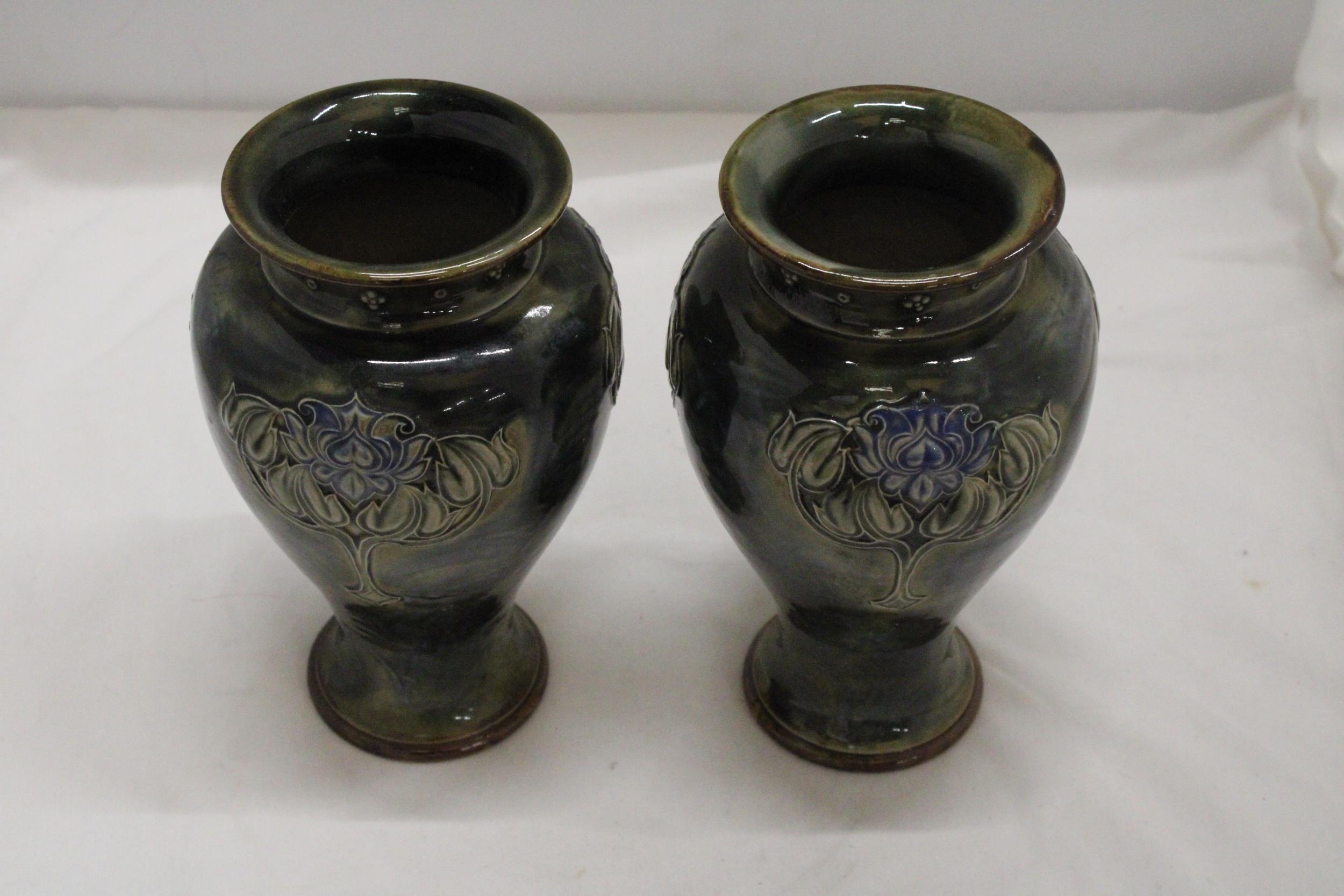 A PAIR OF ROYAL DOULTON LILY PARTINGTON ART NOUVEAU STYLE VASES WITH RELIEF FLOWERS - Image 2 of 7