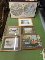 SIX PRINTS AND WATERCOLOURS TO INCLUDE AN ORDNANCE SURVEY MAP CENTRED ON LYMM, BOATS, A CASTLE, ETC