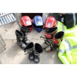 THREE MOTORBIKE HELMETS AND MTORBIKE BOOTS