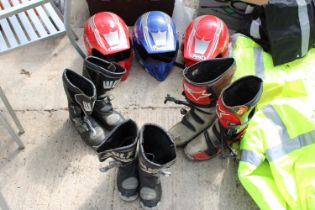 THREE MOTORBIKE HELMETS AND MTORBIKE BOOTS