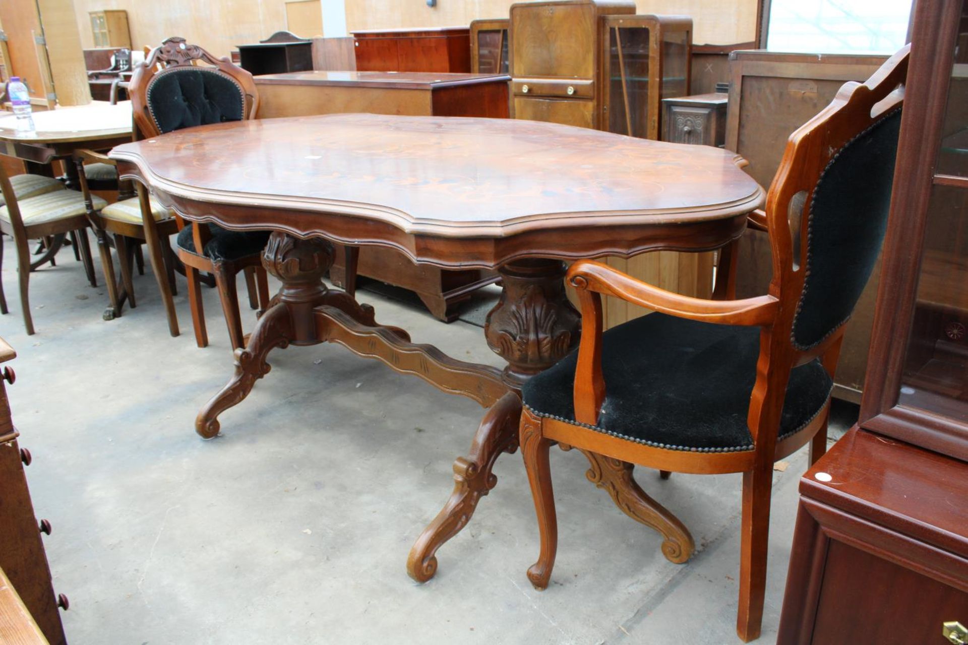 AN ITALIAN STYLE PEDESTAL DINING TABLE WITH MARQUETRY TOP AND A PAIR OF CARVER CHAIRS - Image 2 of 6