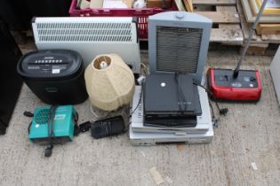 AN ASSORTMENT OF ITEMS TO INCLUDE HEATERS, VHS PLAYERS AND A SHREDDER ETC