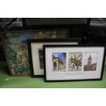 THREE FRAMED PRINTS TO INCLUDE PHOTOGRAPHS OF MANCHESTER, A SPANISH BULL AND LADY PLUS A