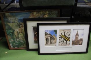 THREE FRAMED PRINTS TO INCLUDE PHOTOGRAPHS OF MANCHESTER, A SPANISH BULL AND LADY PLUS A