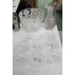 A QUANTITY OF GLASSWARE TO INCLUDE A LAGE FOOTED BOWL, LARGE JUG AND NINE COASTERS