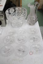 A QUANTITY OF GLASSWARE TO INCLUDE A LAGE FOOTED BOWL, LARGE JUG AND NINE COASTERS