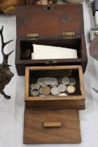 A COLLECTION OF PRE-DECIMAL COINS IN BOXES TO INCLUDE PENNIES, ETC