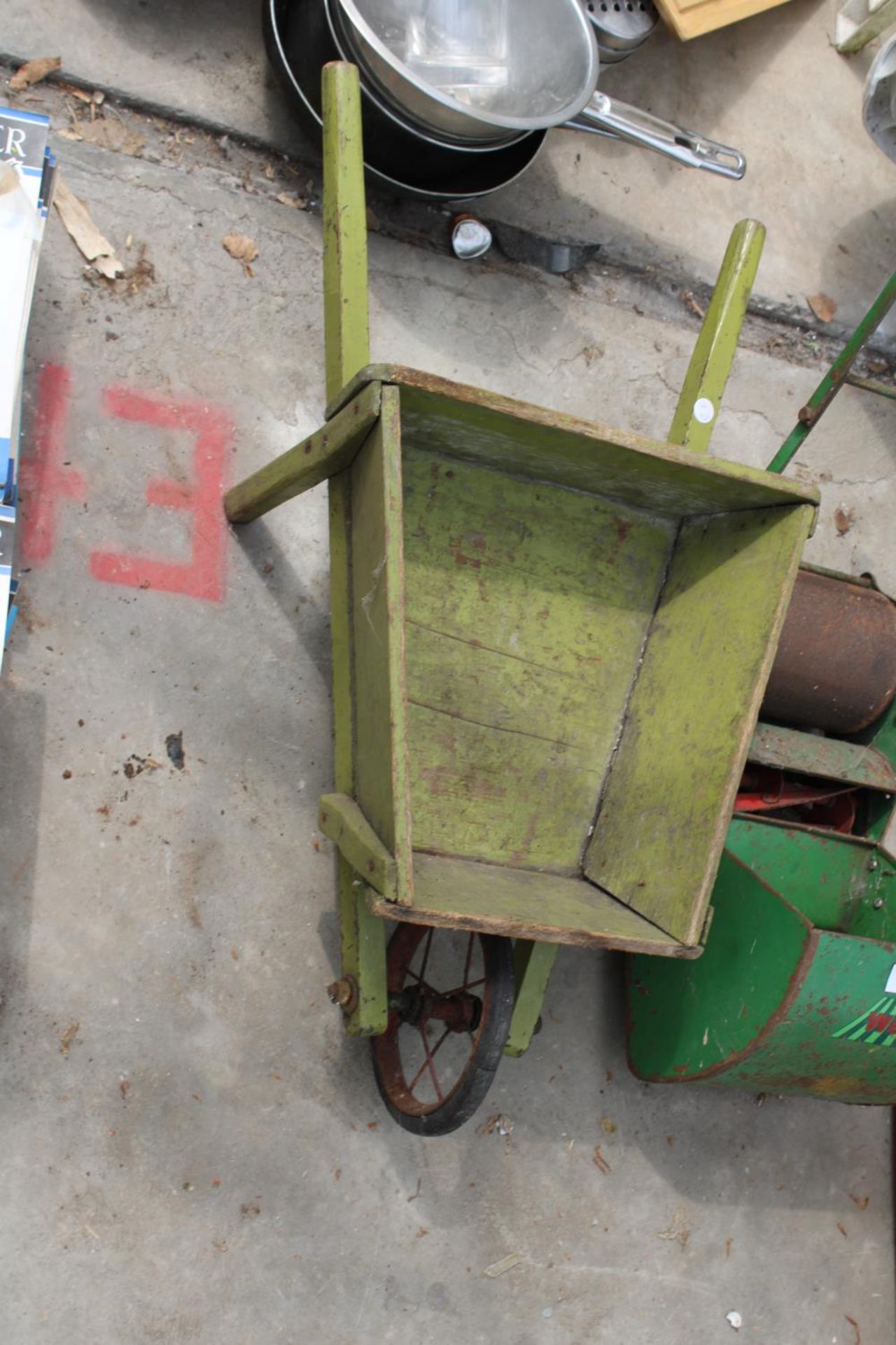 A CHILDS WEBB PUSH MOWER AND A WOODEN WHEEL BARROW - Image 2 of 3