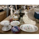 SIX FIGURINES TO INCLUDE COALPORT, AYNSLEY PLATES AND A PIN TRAY, SCENT BOTTLE, VASE, ETC