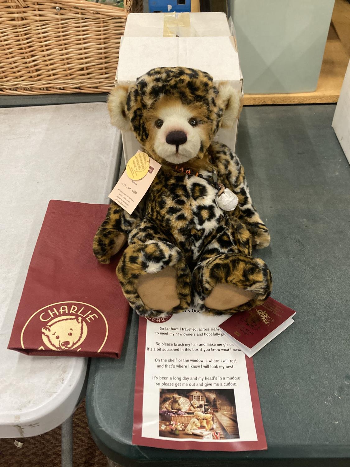 A LIMITED EDITION 638/4000 CHARLIE BEAR 'SURBHI' COMPLETE WITH BAG, PASSPORT AND CERTIFICATE OF