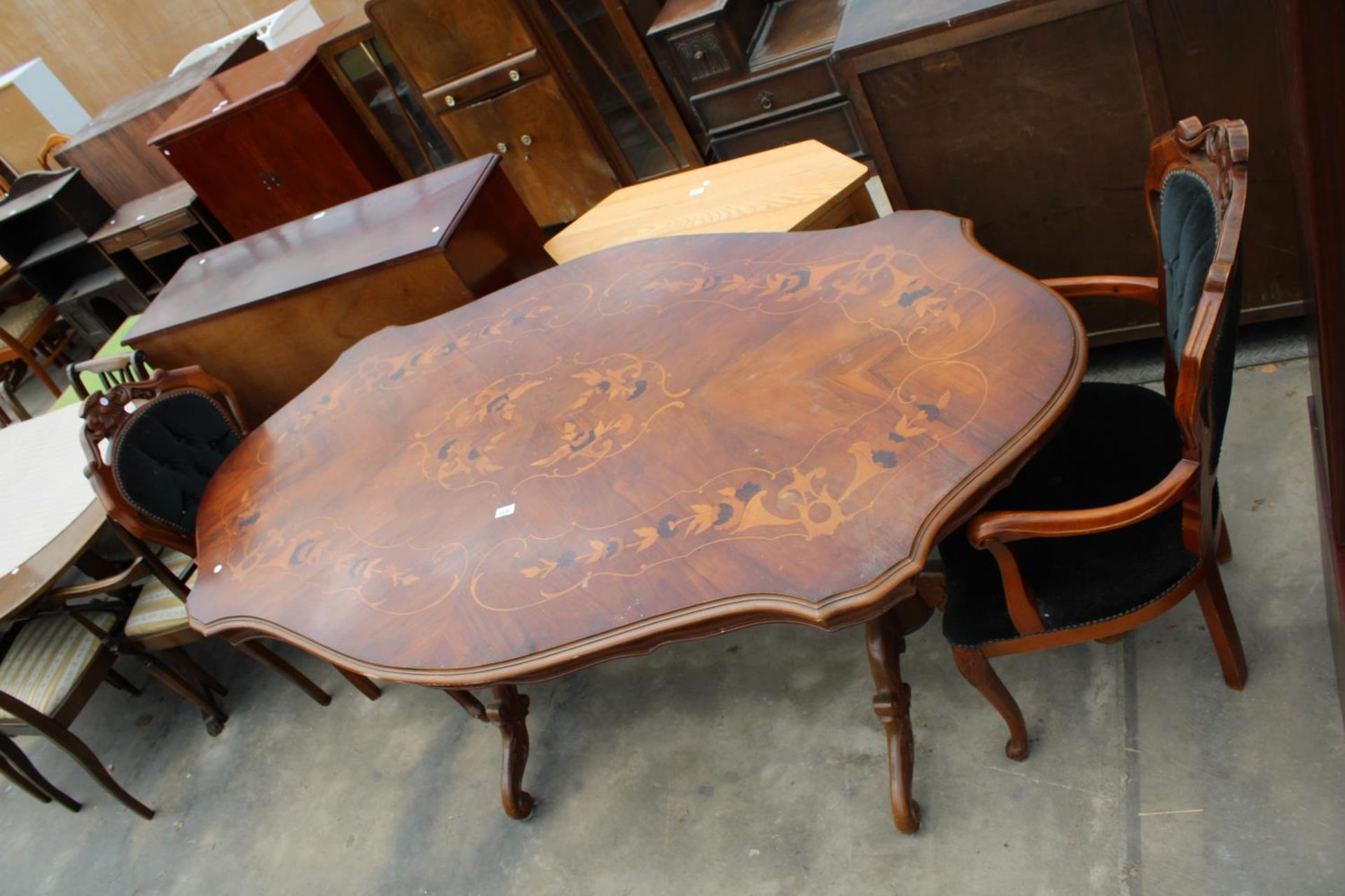 AN ITALIAN STYLE PEDESTAL DINING TABLE WITH MARQUETRY TOP AND A PAIR OF CARVER CHAIRS
