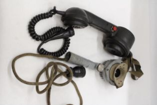 A VINTAGE RUBBER ROTARY DIAL HANDSET TEST PHONE AND A BRITISH TANNOY MICROPHONE