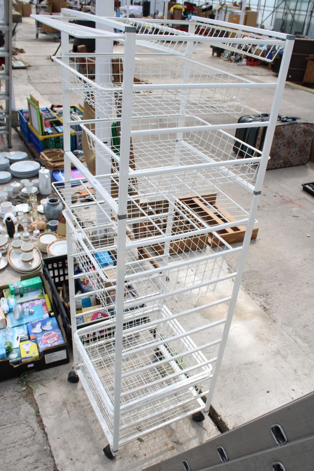 A METAL STORAGE STAND WITH WIRE BASKETS - Image 2 of 3