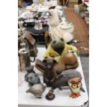 A COLLECTION OF ANIMAL FIGURES TO INCLUDE A WOODEN CAT, FROG, TEDDY, ETC, A FABRIC DORA FROG