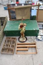 AN ASSORTMENT OF ITEMS TO INCLUDE A LAMP, STORAGE UNITS AND A LARGE TRAVEL CHEST ETC