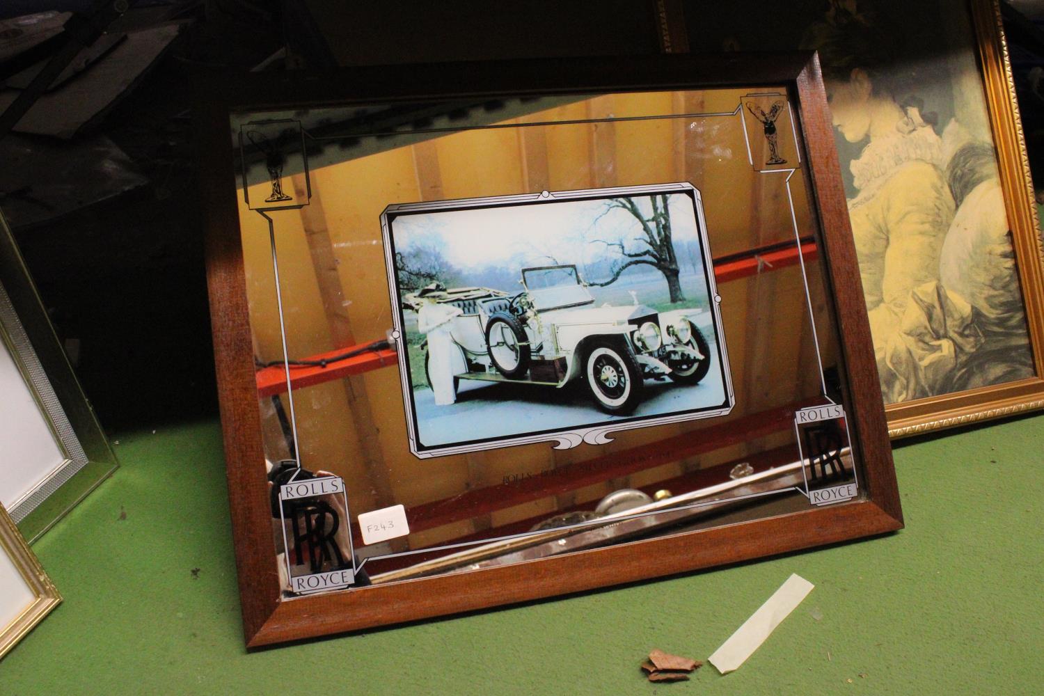 TWO MIRRORED FRAMED IMAGES OF CARS TO INCLUDE "ROLLS ROYCE" PLUS A FURTHER FRAMED PRINT OF A GIRL - Image 3 of 4