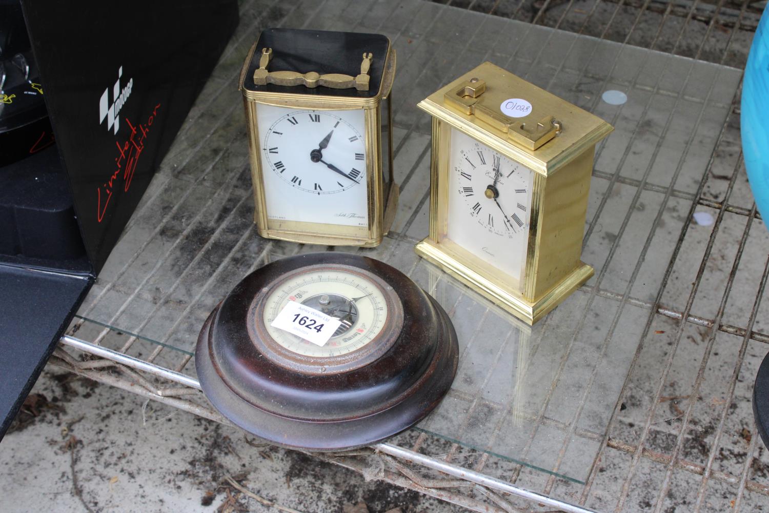 TWO MANTLE CLOCKS AND A BAROMETER