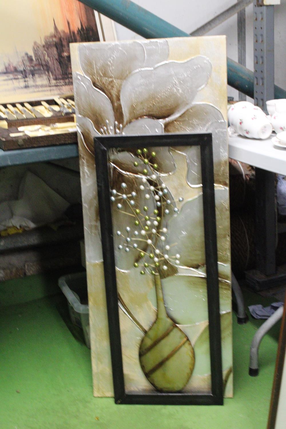 A MODERN WALL HANGING WITH 3-D VASE, 40CM X 100CM